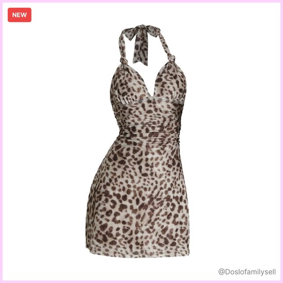 Cheetah Print Halter Dress Ruched Backless Y2K Mini Party Night Out
